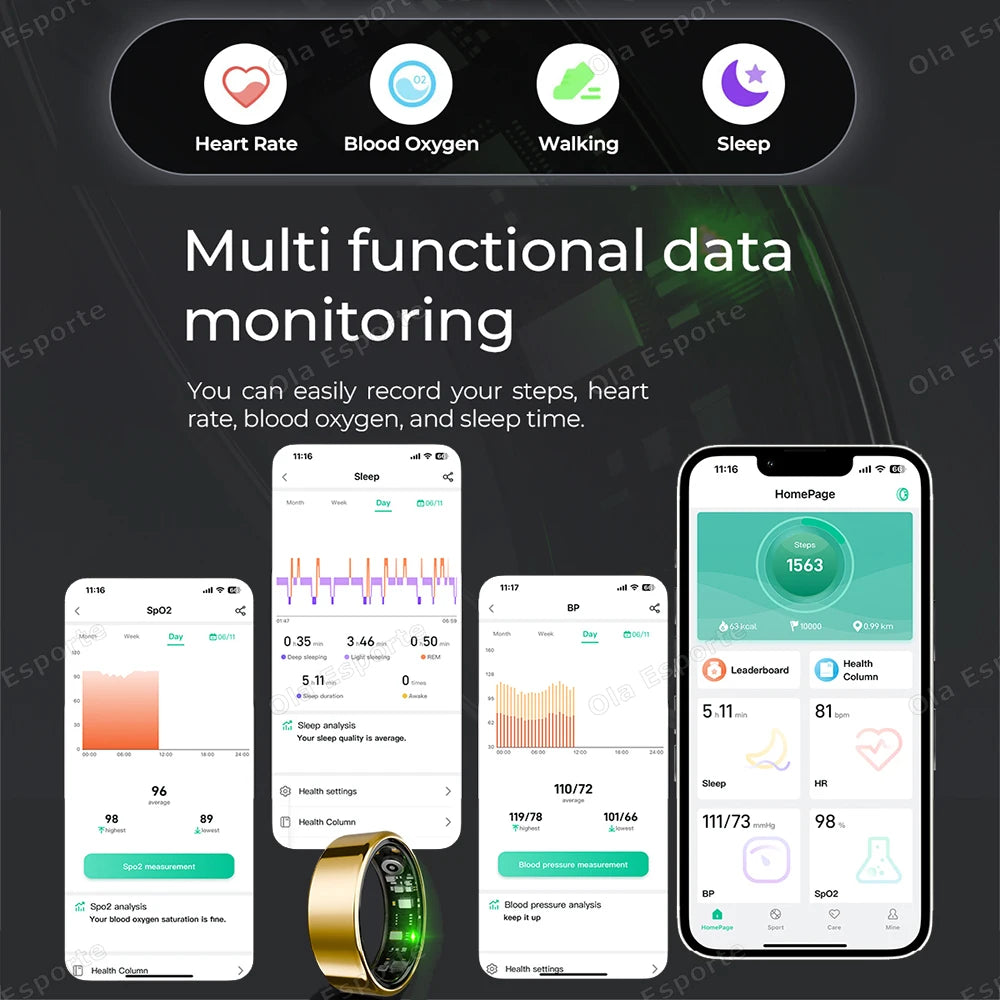 2025 Advanced Smart Ring with Heart Rate, Blood Pressure, Sleep Monitoring, and Motion Tracking - IP68 Waterproof - Ideal Holiday Gift for Men and Women