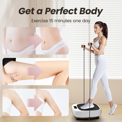 Professional Vibration Plate Exercise Machine for Whole Body Workouts with Loop Bands and Remote Control, Ideal for Weight Loss, Shaping, and Toning - White